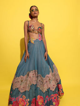 Rishi & Vibhuti - Betaab Blue Bralette With Skirt