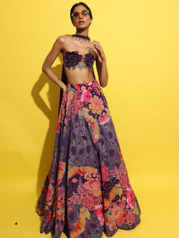 Rishi & Vibhuti - Rangeen Pitara Purple Bralette With Skirt And Dupatta