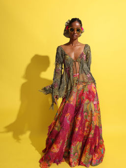 Rishi & Vibhuti - Tassel Tango Olive Jacket With Lehenga And Tube