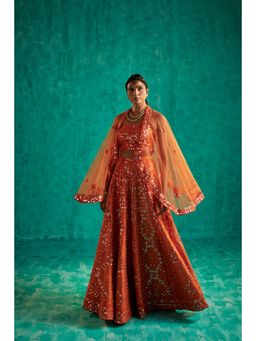 SHIAN - Intricate Patra And Pearl Jaal Embellished Lehenga And Blouse With A Quirky Net Cape