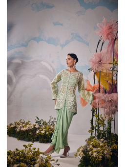 SHIAN - Sea Green Dori Embroidery Jacket With Drape Dhoti And Bustier