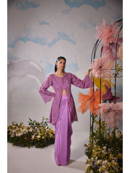 SHIAN - Lavender Organza Jacket With Self Dori Embroidery Paired With Drape Skirt And Bustier