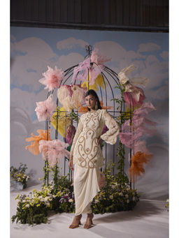 SHIAN - Ivory Beige Dori Embroidery Kurta With Drape Skirt
