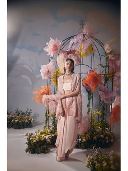 SHIAN - Peach Dori Self Embroidery Cape With Drape Skirt And Bustier