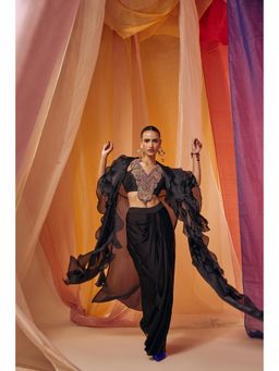 SHIAN - Black Ruffle Cape With Embroidered Neck Detail Blouse And Drape Skirt