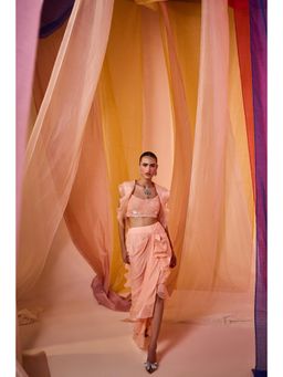 SHIAN - Peach Sequence Embroidered Blouse With Drape Skirt And Dramatic Ruffle Cape