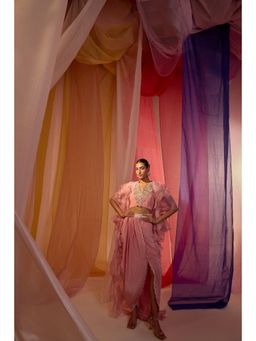 SHIAN - Rose Pink Ruffle Cape With Embroidered Neck Detail Blouse And Drape Scallop Skirt