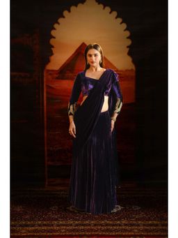 SAKSHI G CHAWLA - Women Purple Velvet Pre-draped Saree with Stitched Blouse