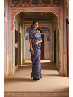 Soch - Womens Blue Art Silk Chevron Print Saree with Unstitched Blouse