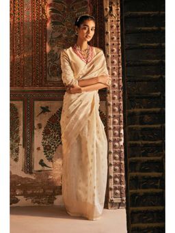 Soch - Womens Cream Tussar Woven Saree With Tassels with Unstitched Blouse