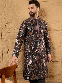ETHNIC BAY - Men Black Silk Blend Embroidered Straight Kurta