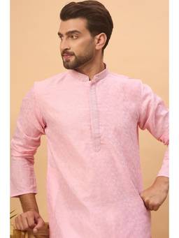 ETHNIC BAY - Men Pink Silk Blend Embroidered Straight Kurta with Pyjama