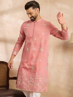 ETHNIC BAY - Men Cotton Pink Embroidered Kurta