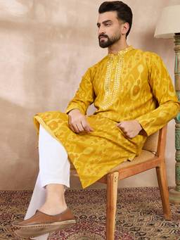 ETHNIC BAY - Men Viscose Rayon Yellow Geometric Kurta with Pyjama