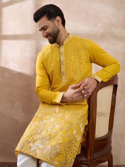 ETHNIC BAY - Yellow Silk Blend Embroidered Straight Kurta