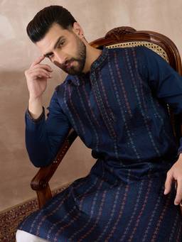 ETHNIC BAY - Navy Blue Silk Blend Embroidered Straight Kurta with Pyjama