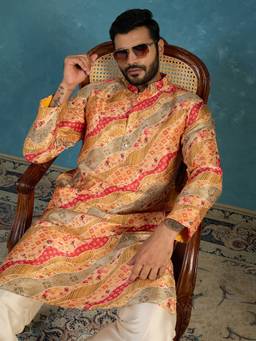 ETHNIC BAY - Men Yellow Silk Blend Printed Straight Kurta and Trouser