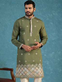 ETHNIC BAY - Mens Silk Blend Green Embroidered Straight Kurta and Pyjama