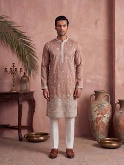 ETHNIC BAY - Mens Pink Silk Blend Embroidered Kurta with Trouser (Mkset2173)