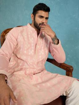 ETHNIC BAY - Mens Pink Silk Blend Embroidered Kurta (Mku2088)
