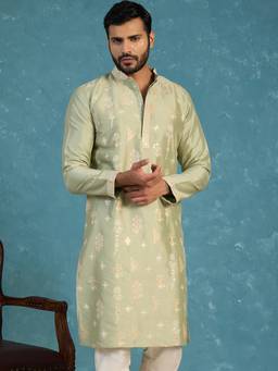 ETHNIC BAY - Mens Green Silk Blend Embroidered Kurta (Mku2153)