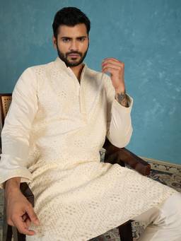 ETHNIC BAY - Men Off White Silk Blend Embroidered Straight Kurta