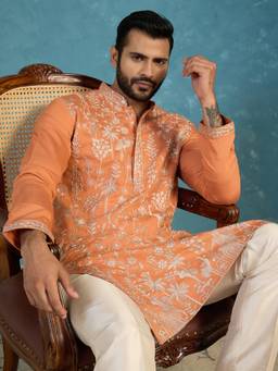 ETHNIC BAY - Orange Embroidered Modal Regular Kurta