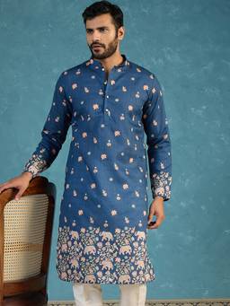 ETHNIC BAY - Blue Floral Silk Blend Regular Kurta