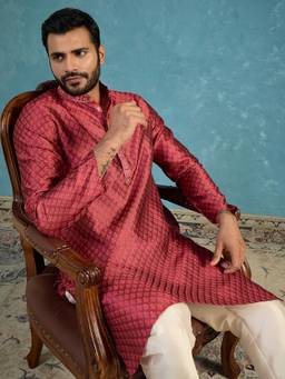 ETHNIC BAY - Men Maroon Jacquard Full Sleeves Kurta with Pant