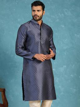 ETHNIC BAY - Men Blue Jacquard Full Sleeves Kurta