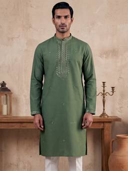ETHNIC BAY - Men Green Silk Blend Full Sleeves Kurta