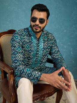 ETHNIC BAY - Blue Silk Blend Mandarin Neck Mirror Work Kurta With Pant