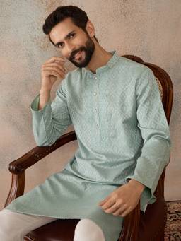 ETHNIC BAY - Green Linen Blend Mandarin Neck Woven Kurta With Pant
