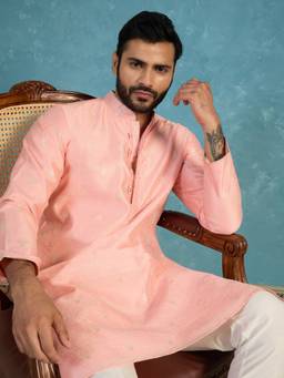 ETHNIC BAY - Pink Jacquard Mandarin Neck Woven Kurta With Pant