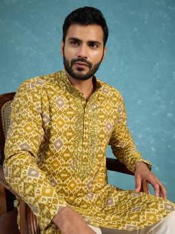 ETHNIC BAY - Green Silk Blend Mandarin Neck Printed Kurta