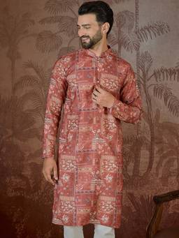 ETHNIC BAY - Mens Silk Blend Pink Printed Kurta with Trouser
