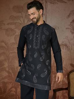 ETHNIC BAY - Mens Black Silk Blend Solid Embroidered Kurta