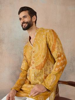 ETHNIC BAY - Mens Orange Silk Blend Ethnic Motifs Embroidered Kurta