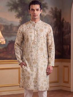 ETHNIC BAY - Mens Off White Linen Blend Ethnic Motifs Printed Kurta with Pyjama