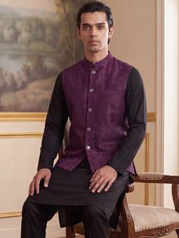 ETHNIC BAY - Mens Purple Jacquard Woven Design Nehru Jacket