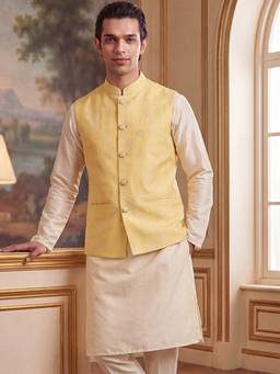 ETHNIC BAY - Mens Yellow Jacquard Woven Design Nehru Jacket