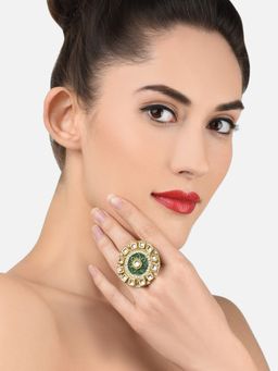 Zaveri Pearls - Green Meenakari Flower Ethnic Kundan Adjustable Finger Ring-(ZPFK11539)