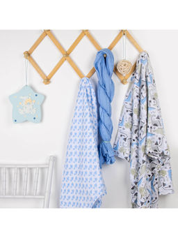 Kicks and Crawl - Blue Jurassic Land Muslin Swaddle (Pack Of 3)