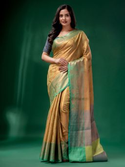 CHARUKRITI - Yellow & Copper Blended Silk Brocade Handwoven Soft Saree with Unstitched Blouse