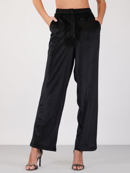 Attic Salt - Black Solid Regular Fit Pant In Korean Velvet