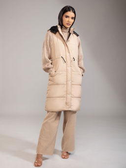 Twenty Dresses by Nykaa Fashion - Beige Solid Hooded Puffer Jacket