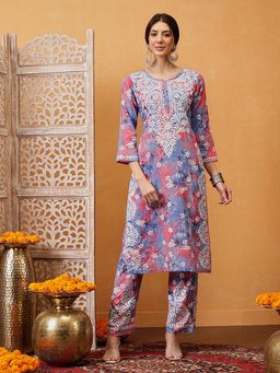 ADA - Women Pink Embroidered Round Neck Straight Fit Kurta with Pant (Set of 2)