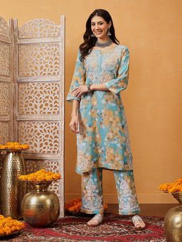 ADA - Women Aqua Embroidered Round Neck Straight Fit Kurta with Pant (Set of 2)