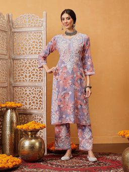 ADA - Women Peach Embroidered Round Neck Straight Fit Kurta with Pant (Set of 2)