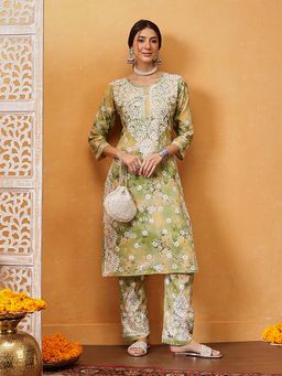 ADA - Women Green Embroidered Round Neck Straight Fit Kurta with Pant (Set of 2)